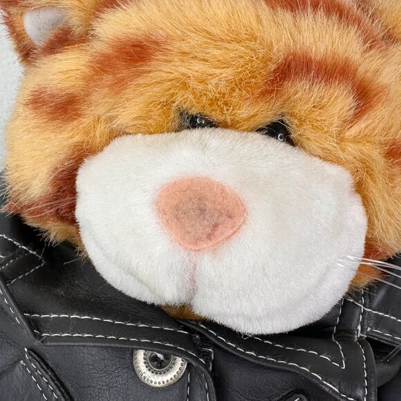 Build-A-Bear Workshop Orange Tabby Cat Plush With Black Faux Leather Jacket 16" - Picture 7 of 9